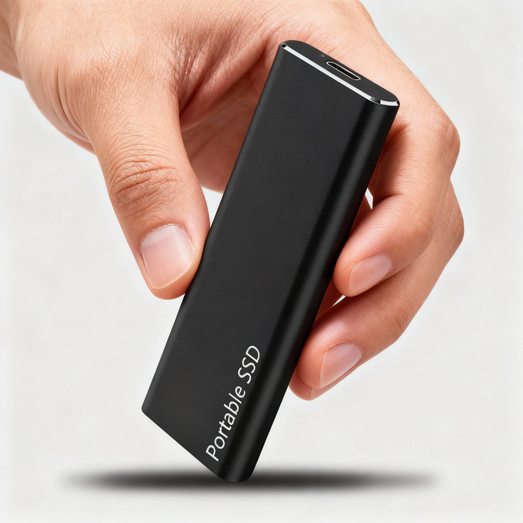 Compact black external SSD held securely in a person's hand