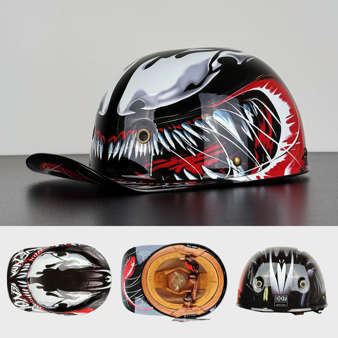 Stylish baseball cap helmet paired with casual riding apparel
