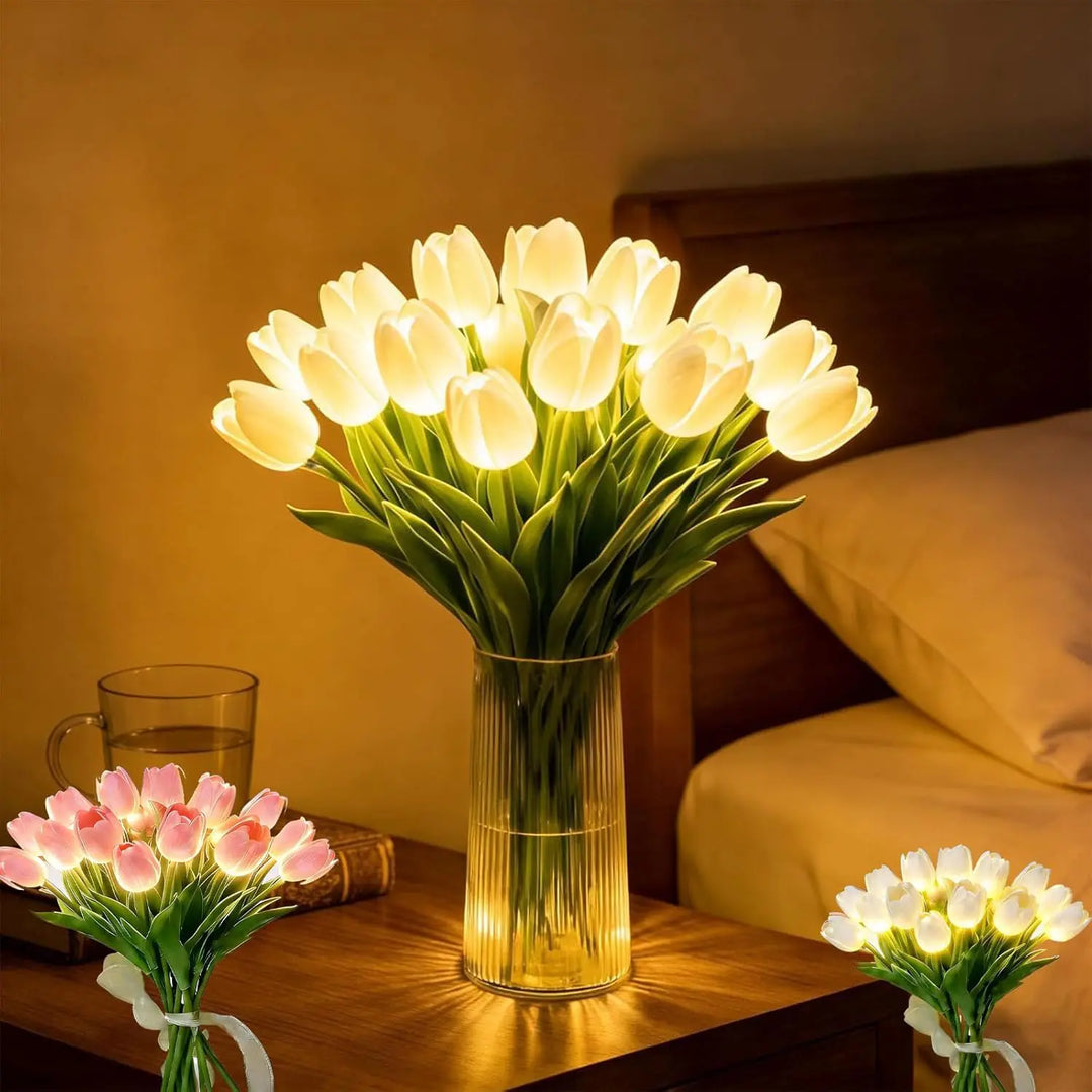 LED tulip flower lamp glowing on a bedside table