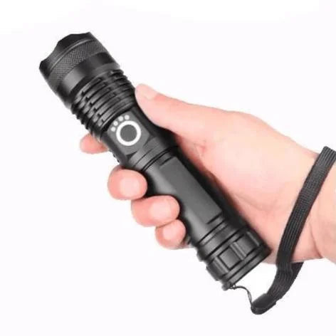 Close-up view of the black metal rechargeable LED flashlight with wrist strap
