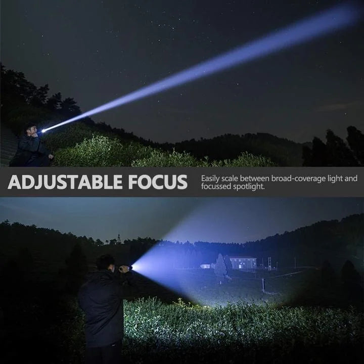 Rechargeable XHP50.2 LED flashlight shown with included USB charging cable