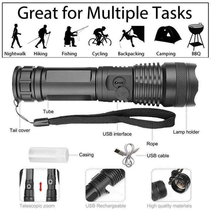 Waterproof rechargeable flashlight beam cutting through the night