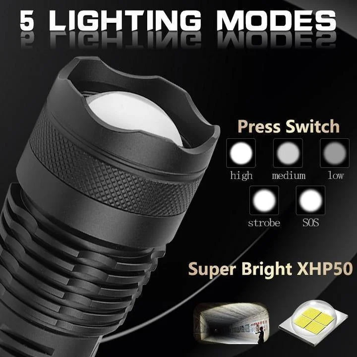 Compact tactical LED flashlight held in hand for size perspective