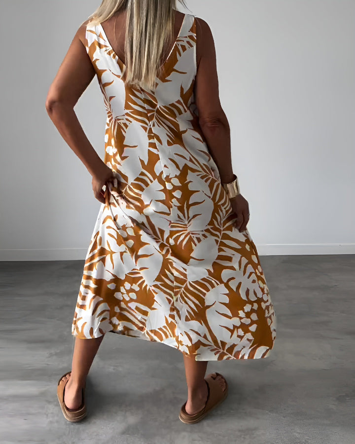 Full length view of a stylish women's elegant sleeveless summer dress