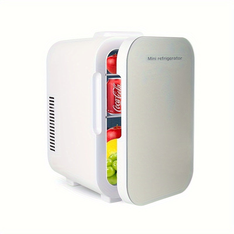 ChillMate 8L mini fridge side angle with door slightly open revealing drinks and fruit