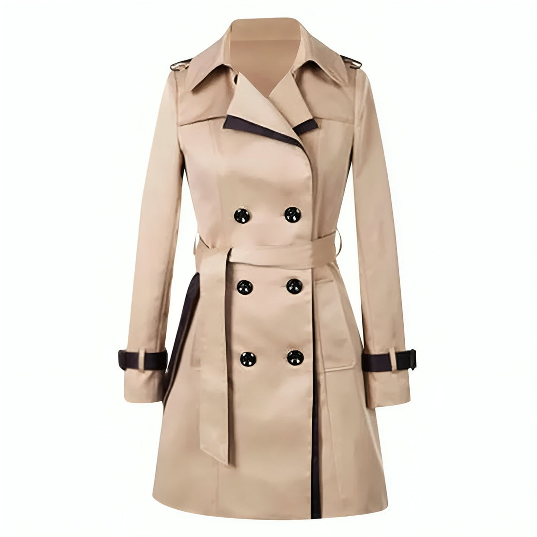 Khaki long belted trench coat displayed on a plain background