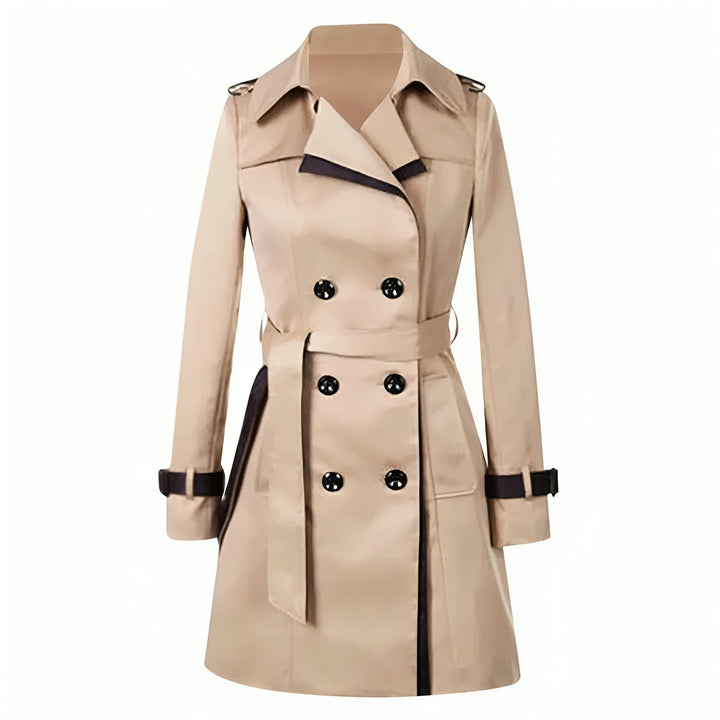 Khaki long belted trench coat displayed on a plain background