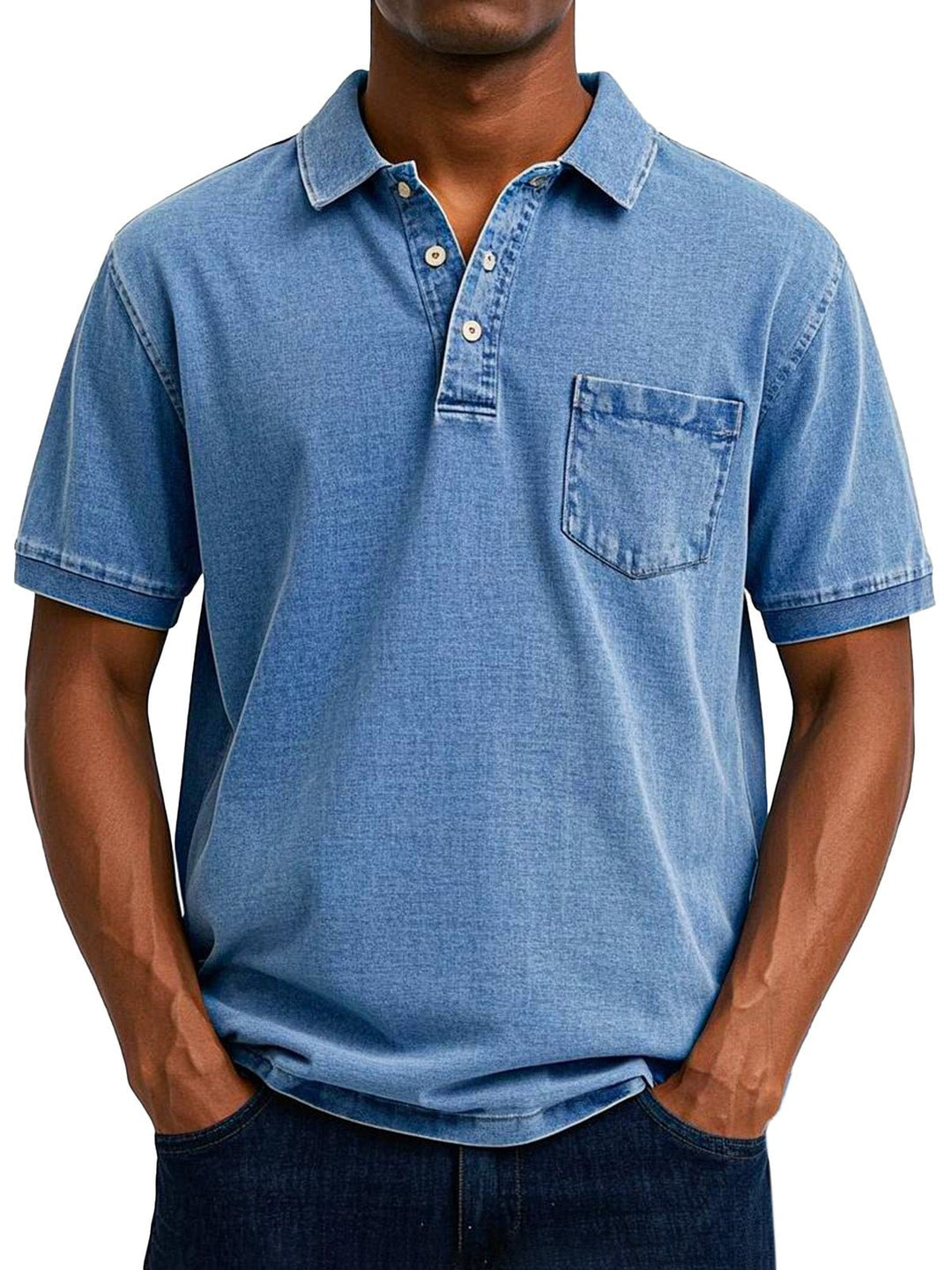 Man wearing blue vintage casual polo shirt with chest pocket