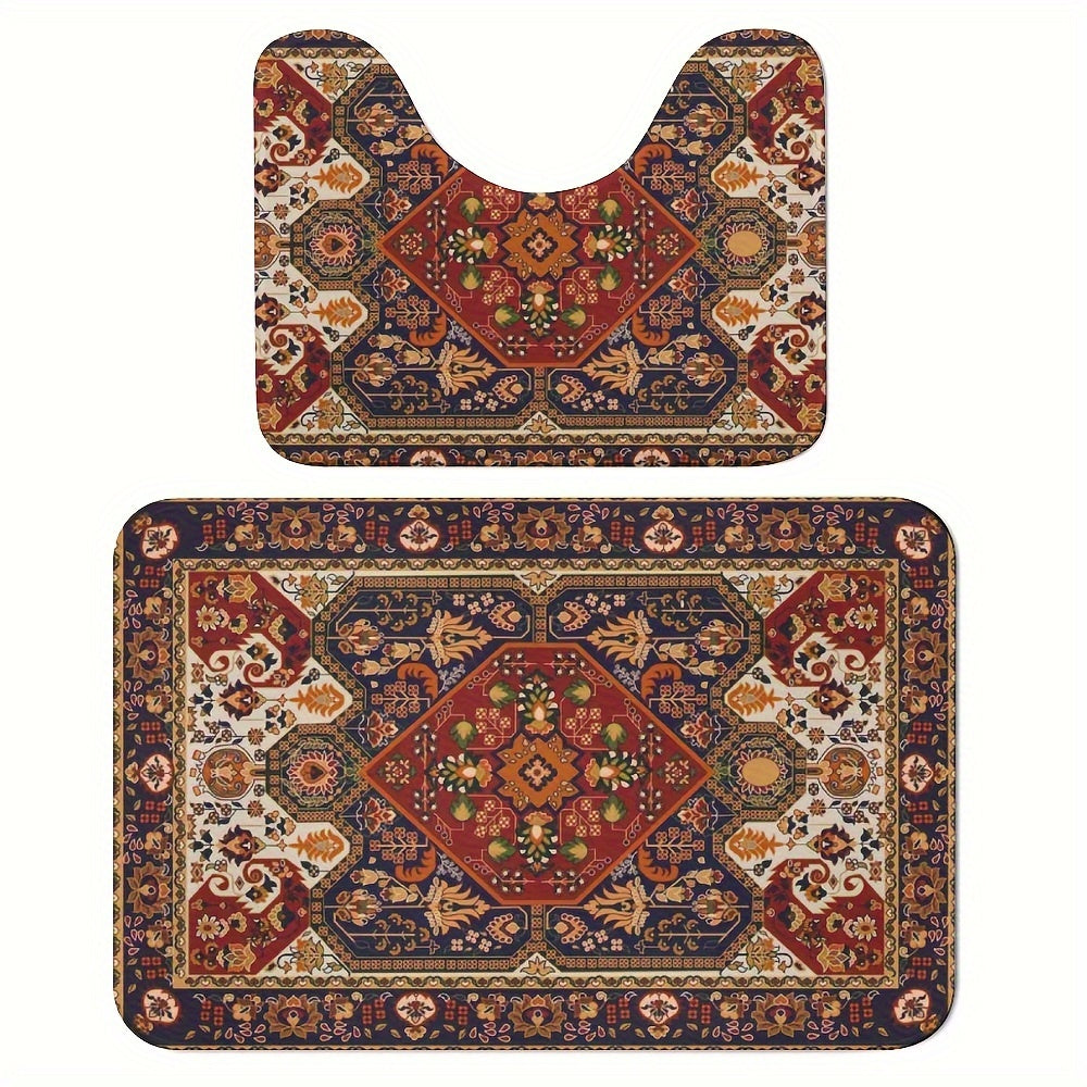Persian-Inspired Bath Mat Set featuring a rectangular rug and U-shaped toilet mat