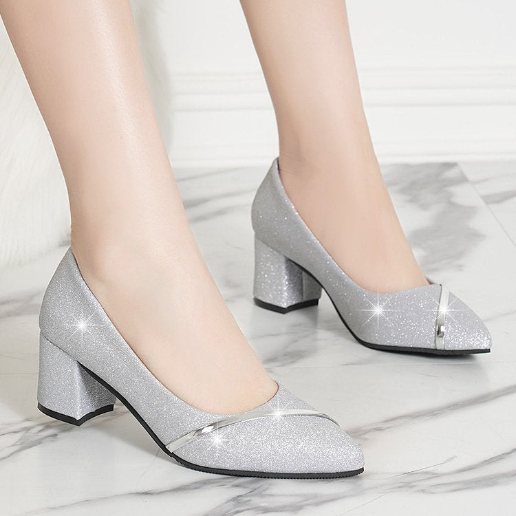 Women's glamorous sparkle block heel pumps in metallic gold for parties and weddings