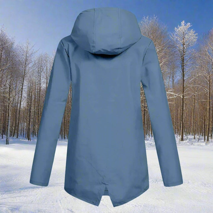 Women's waterproof hooded rain jacket in classic navy blue, front view