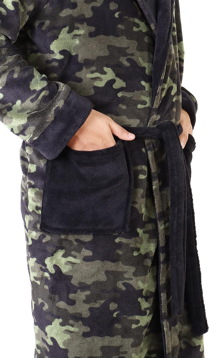 Hooded bathrobe showcasing generous hood coverage