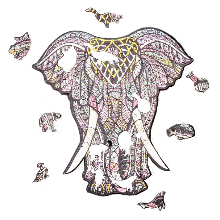 Wooden elephant puzzle partially disassembled showing unique animal shapes