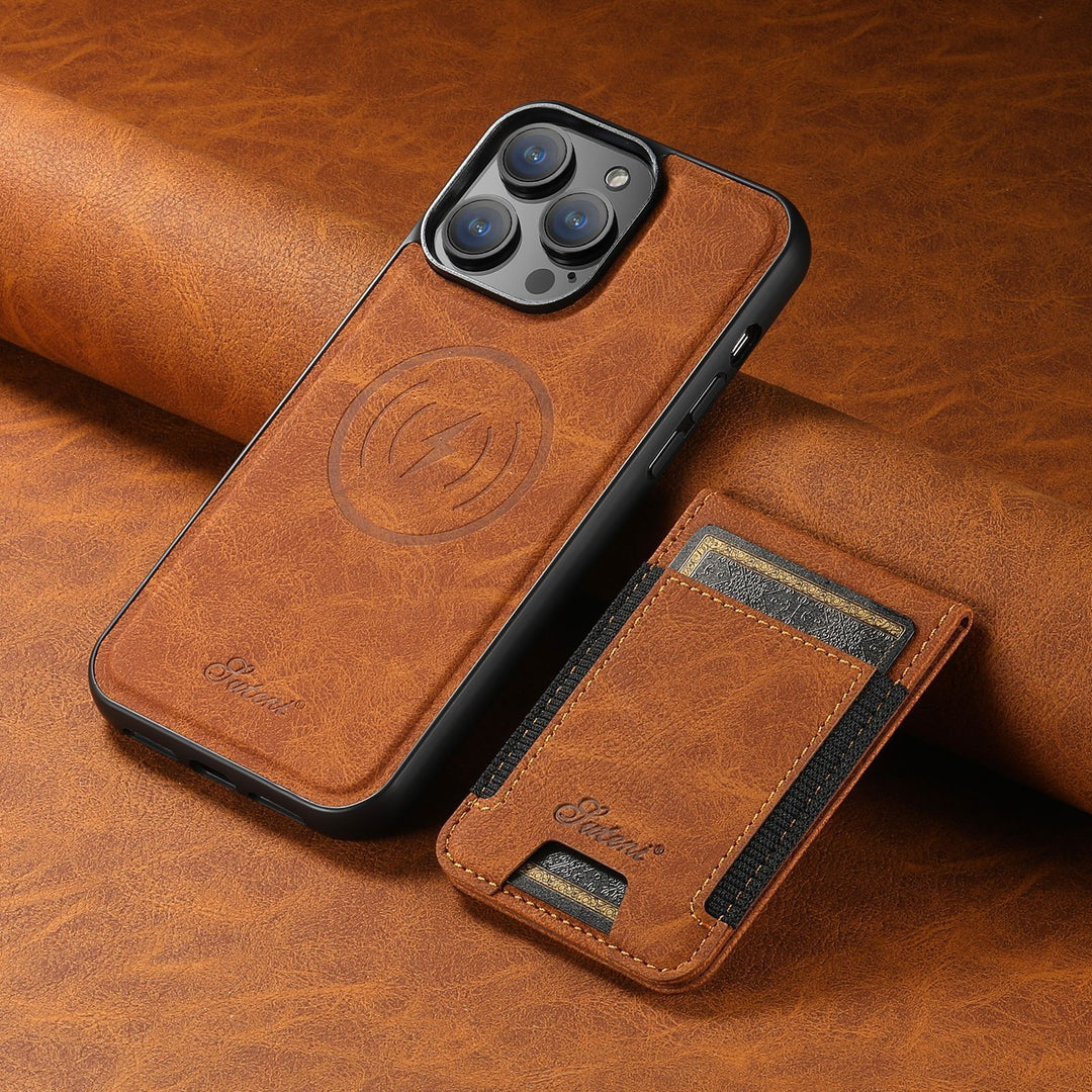 Brown leather phone case displayed next to a matching card holder on a textured surface