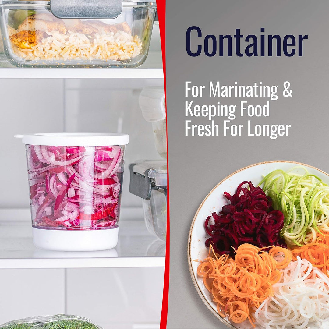 Clear container storing fresh sliced vegetables in refrigerator next to a plate of veggie noodles
