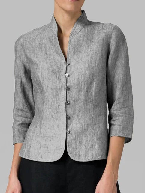 Woman showcasing gray mandarin collar long sleeve button-front top