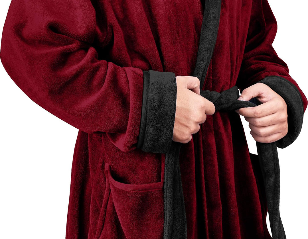 Soft fleece bathrobe for men with deep hood and tie belt