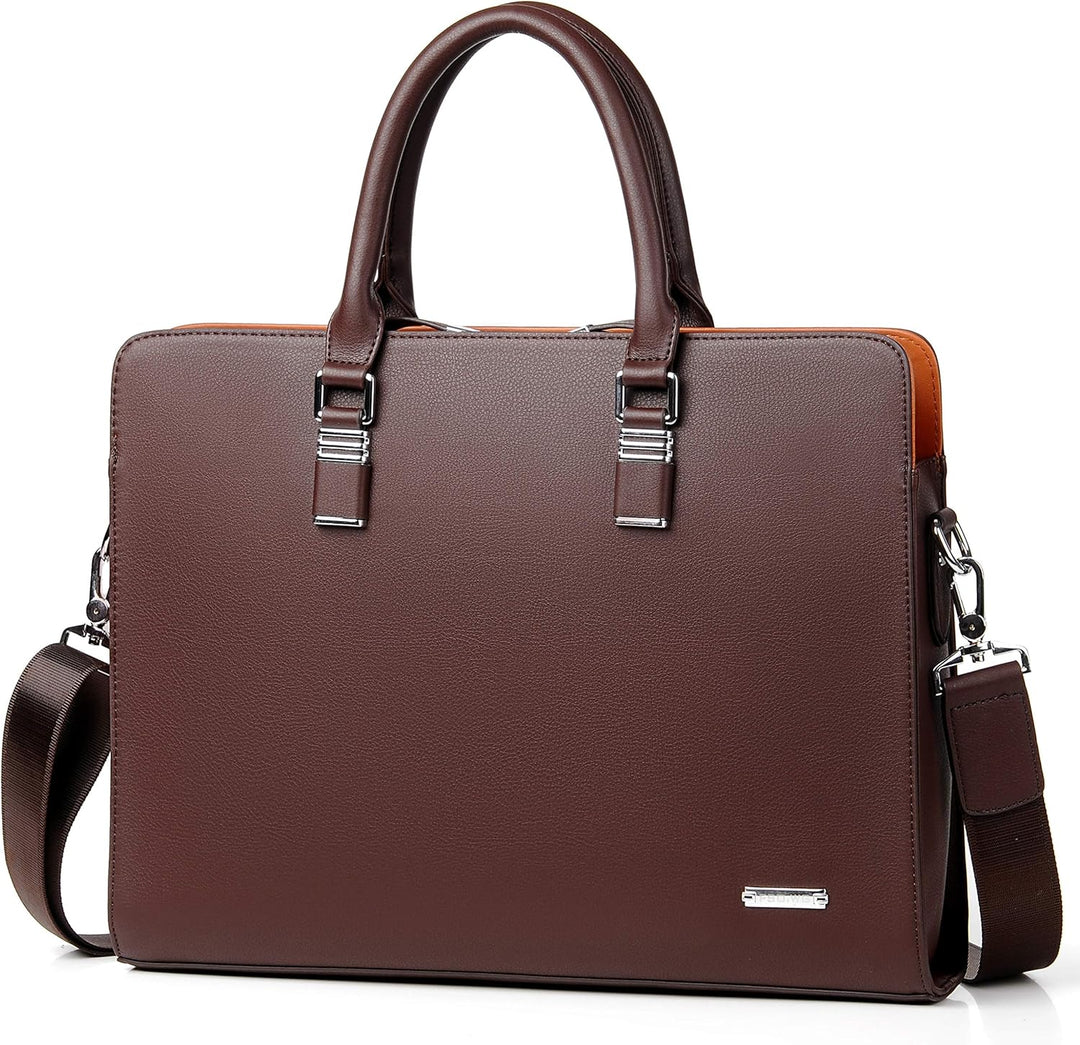 Brown stylish work bag featuring durable hardware and shoulder strap