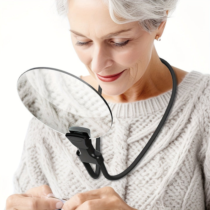 Elderly woman using a hands-free magnifying glass with neck cord for crafting
