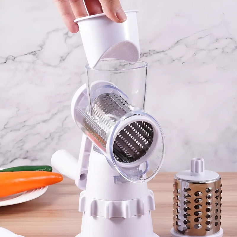 Manual vegetable slicer and food shredder preparing fresh salad ingredients