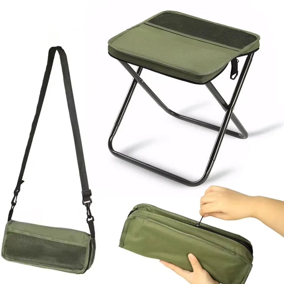 Foldable camping stool in compact setup, lightweight tripod seat for outdoor gear
