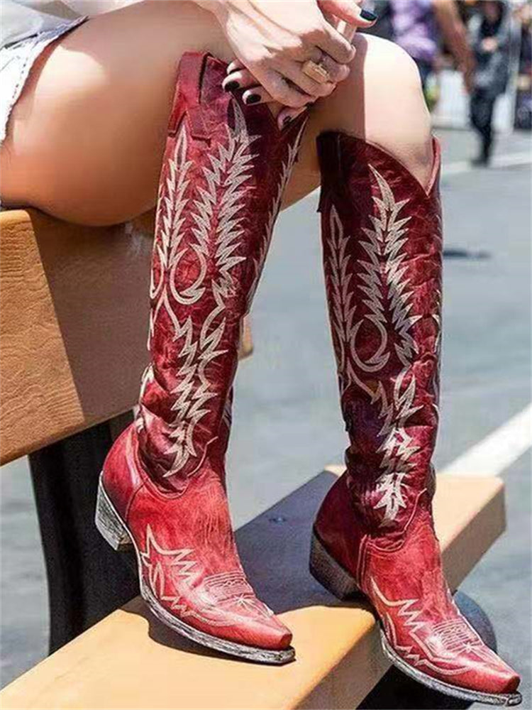 Back view of women's vintage embroidered knee-high western boots showing stacked heel