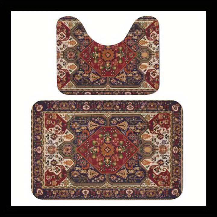 Absorbent Persian rug bath mat absorbing water droplets efficiently in a modern bathroom.