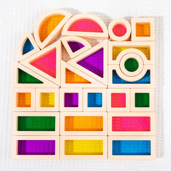 Top-down view of vibrant wooden building blocks arranged neatly