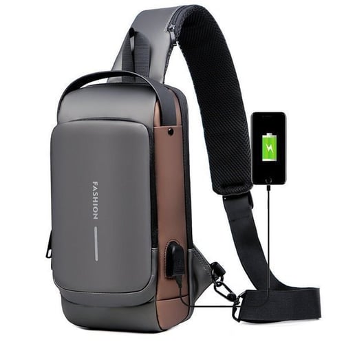 Lifestyle shot showing the compact size and convenience of the USB charging bag.