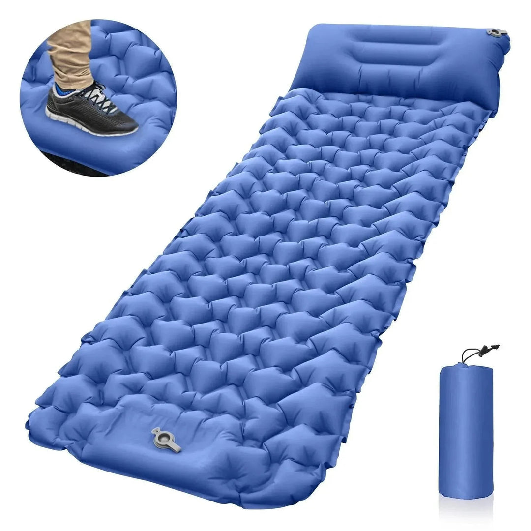 Blue inflatable camping mattress with foot pump detail and storage bag