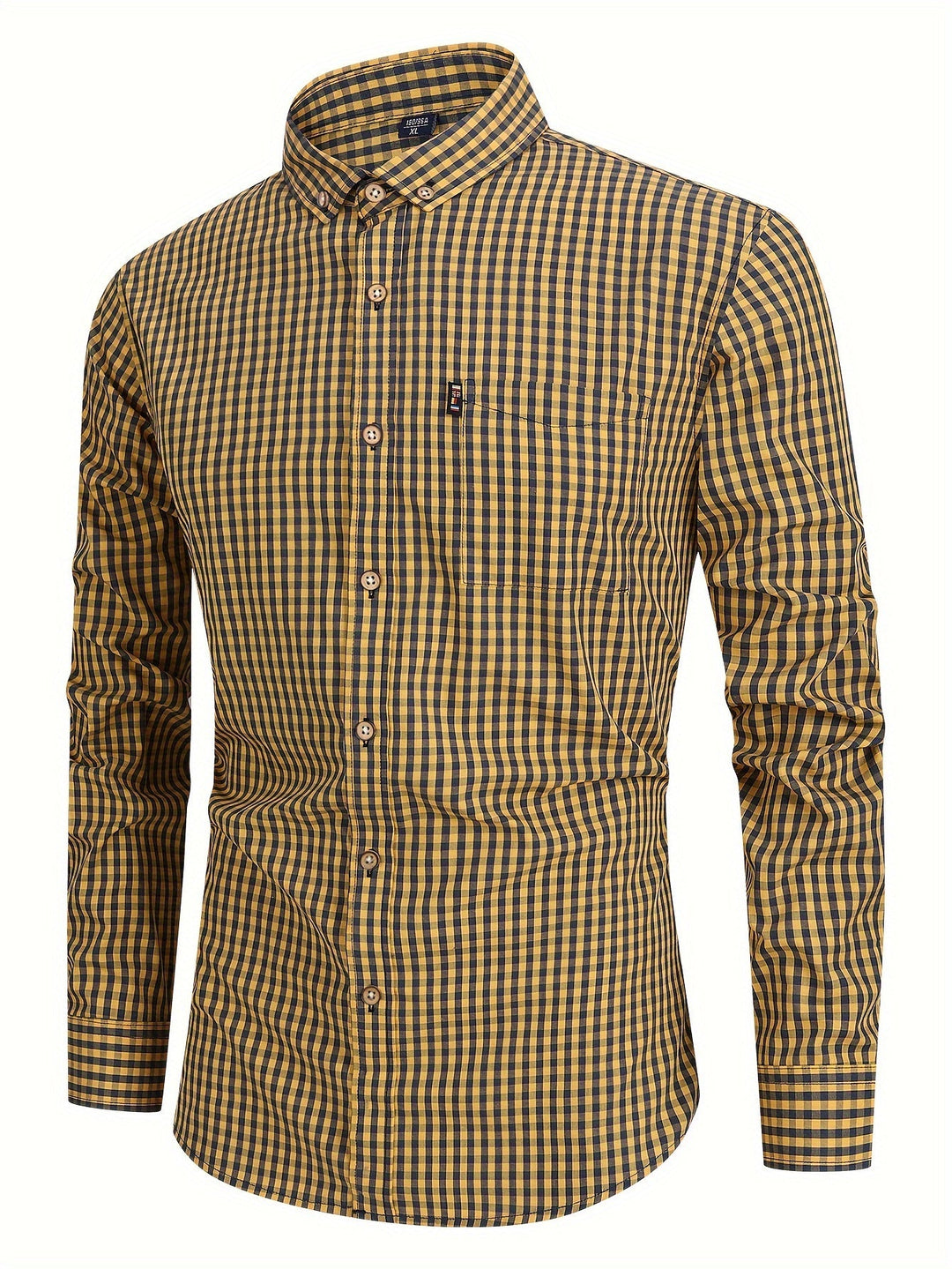 Yellow and dark blue check men's long sleeve shirt front view