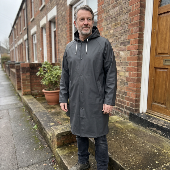 Side profile of Jaxon waterproof hooded rain jacket for men
