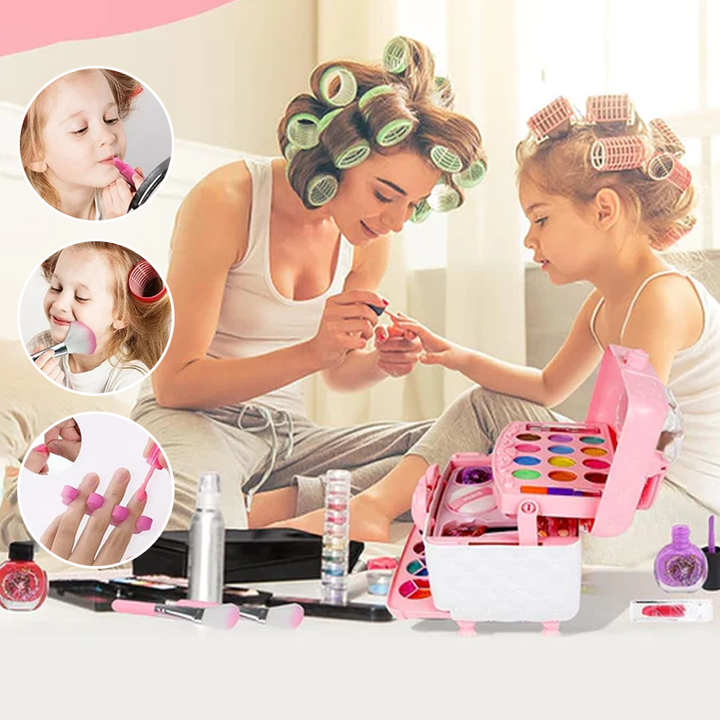 Young girl trying out pink lipstick from the washable kids makeup set next to a vanity case