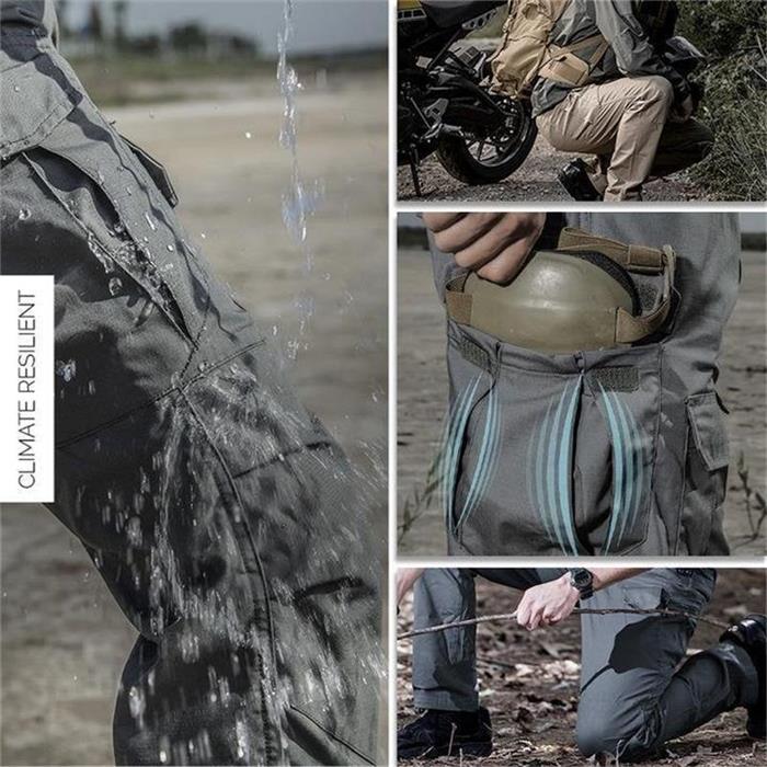 Close-up view of zippered cargo pockets on mens tactical trousers