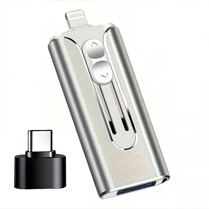 Overhead view of the high-capacity external flash drive surrounded by everyday tech gadgets