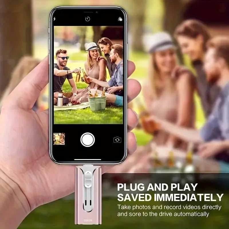 Portable phone memory expansion tool displayed next to modern tablet and smartphone devices