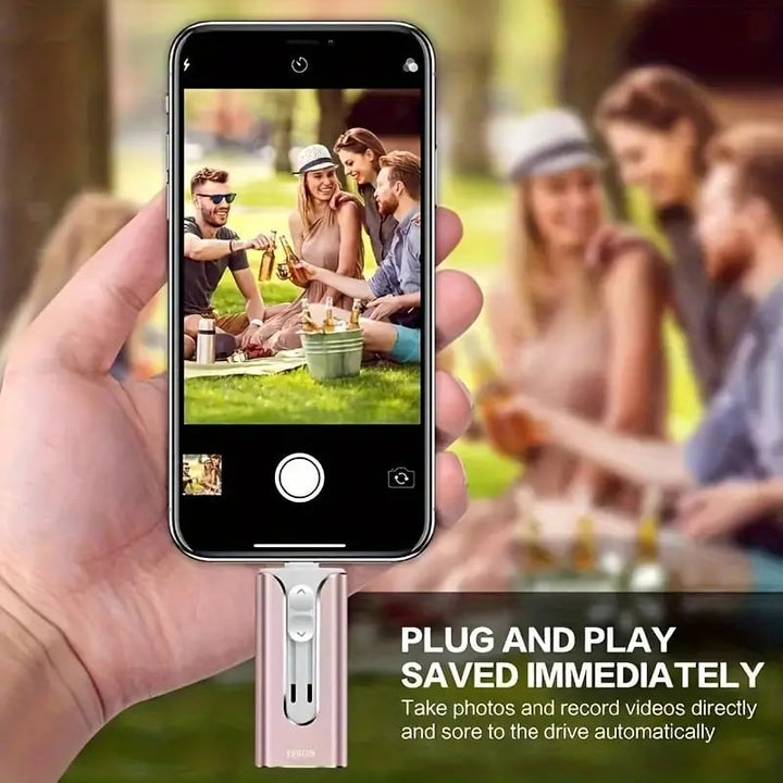 Portable phone memory expansion tool displayed next to modern tablet and smartphone devices