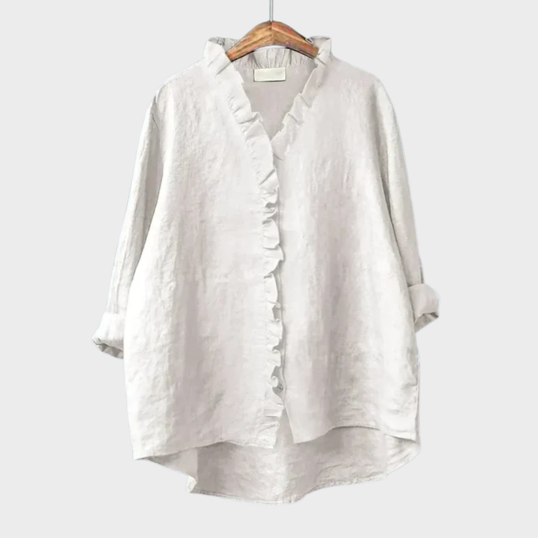 Back view of stylish summer clothing ruffle top for women
