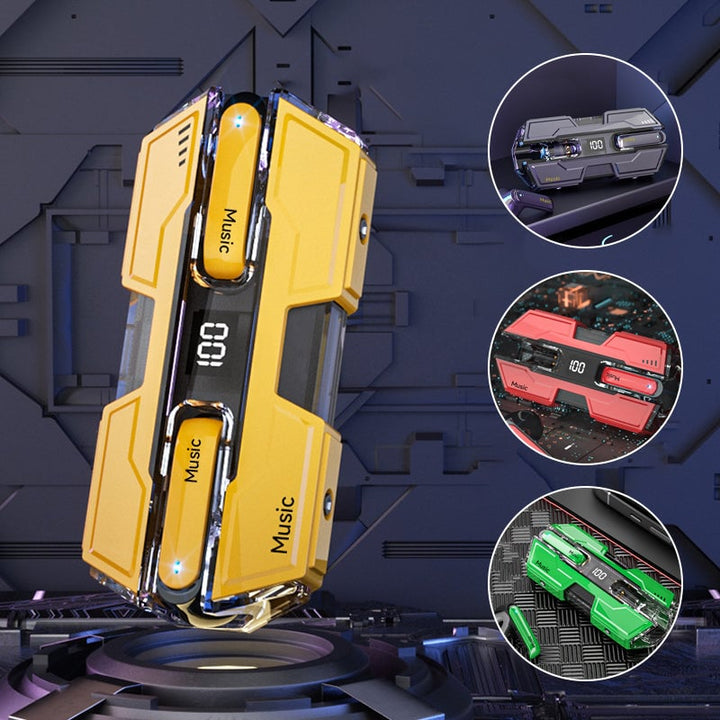 Yellow wireless headset charging case alongside red and green variants