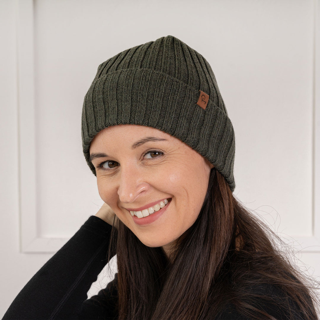 Vibrant red women's winter hat, cozy ribbed knit beanie style
