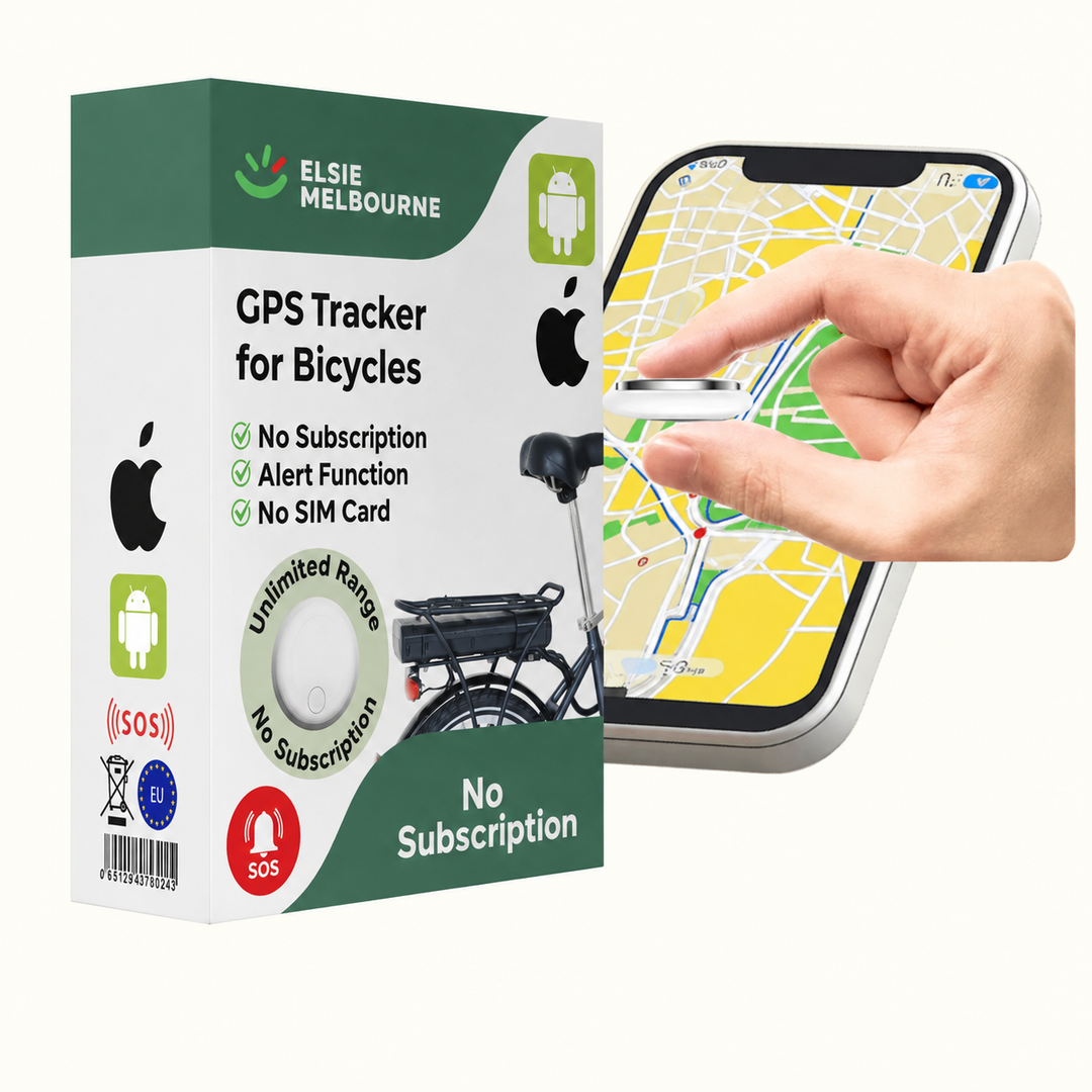 Bike GPS tracker packaging box next to a smartphone displaying a map route