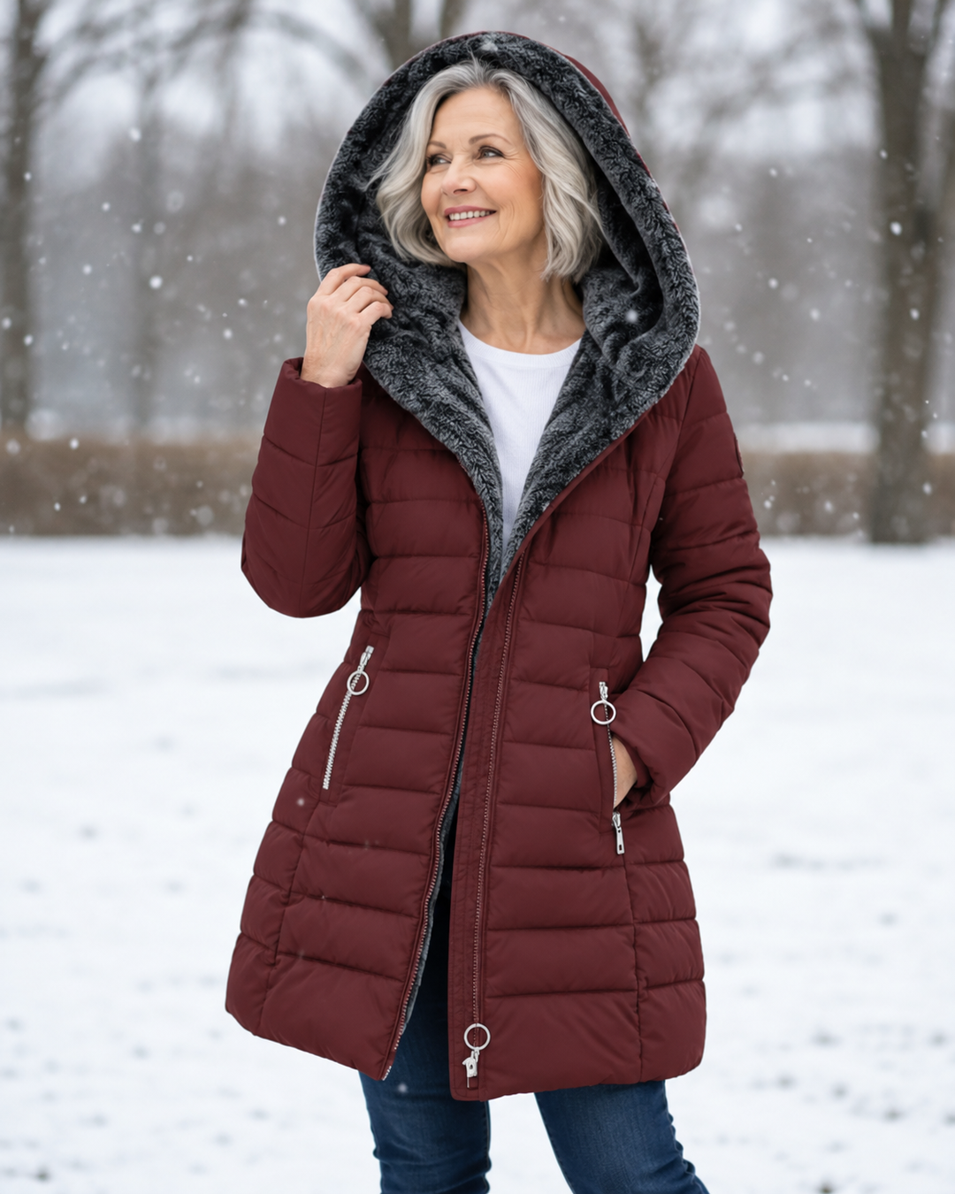 Detailed shot of deep pockets and sturdy zipper on hooded winter coat