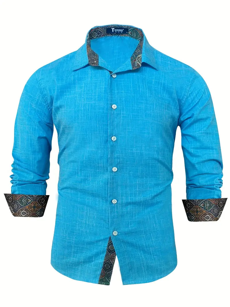 Model wearing mens long sleeve button-up shirt with contrast trim outdoors
