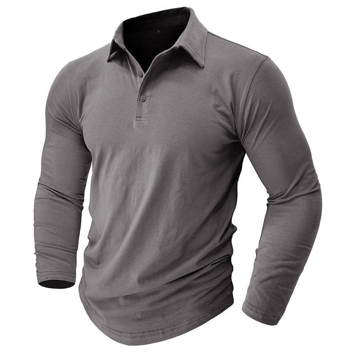 Everyday style long sleeve polo shirt paired with casual trousers for men.