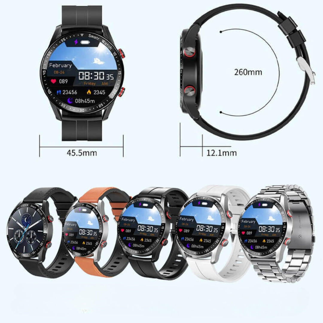 Technical dimensions diagram of the smartwatch alongside various band styles