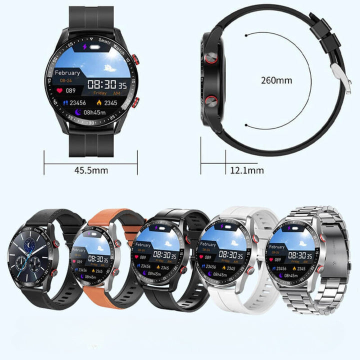 Technical dimensions diagram of the smartwatch alongside various band styles