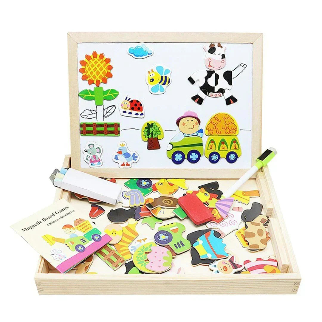 Wooden double-sided magnetic drawing board with colorful shape pieces and pen