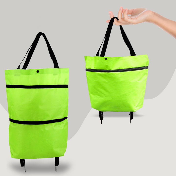 Green 2-in-1 trolley shopping bag shown in hand and standing upright with wheels