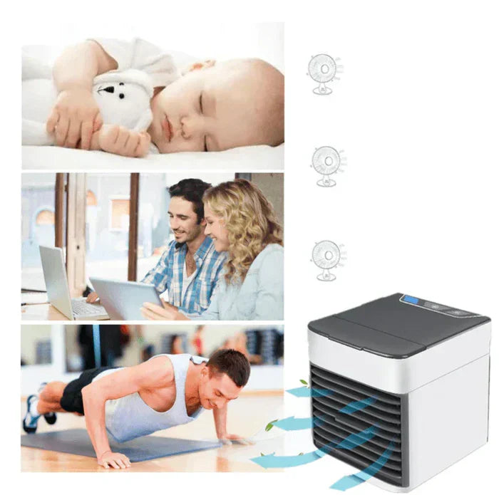 Portable mini air conditioner water tank compartment open for easy refilling