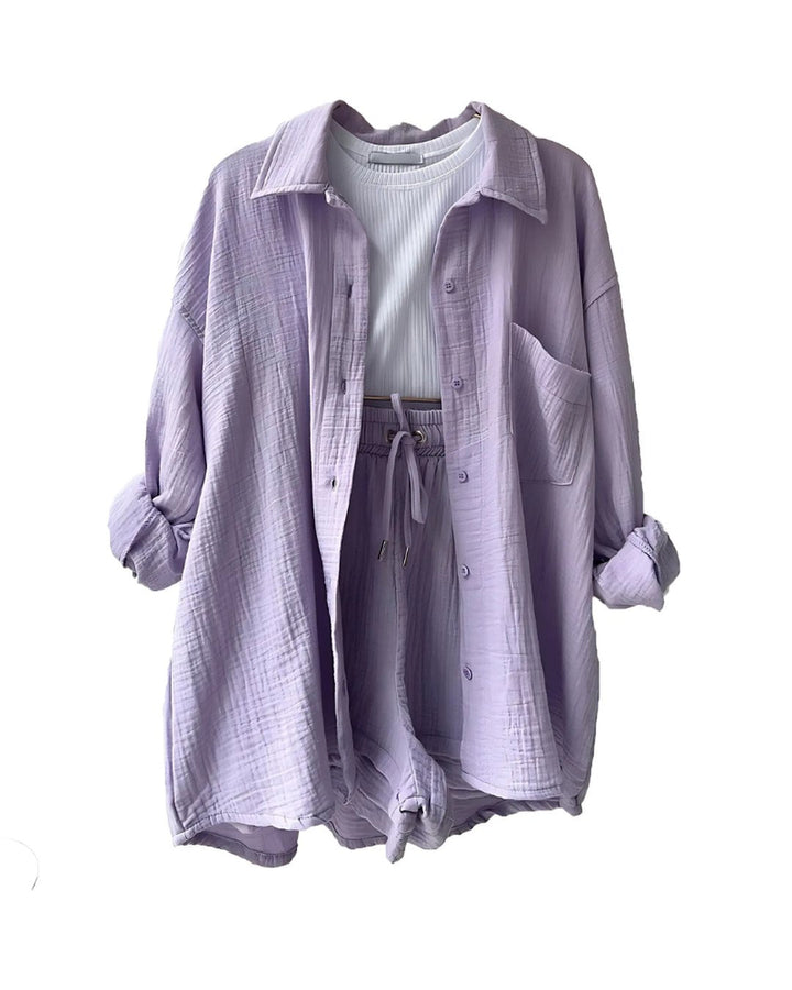 Flat lay of the womens fashion two-piece short set in a neutral colorway